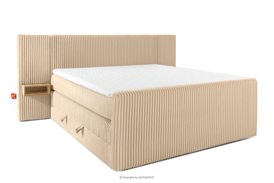 LILIUM PRO Łóżko kontynentalne z szafkami nocnymi LED twarde 180 cm podwójny materac + topper Visco tkanina sztruks piaskowy piaskowy - zdjęcie 2