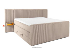 LILIUM PRO, https://konsimo.pl/kolekcja/lilium-pro/ Łóżko kontynentalne z szafkami nocnymi LED twarde 180 cm podwójny materac + topper Visco tkanina sztruks taupe taupe - zdjęcie