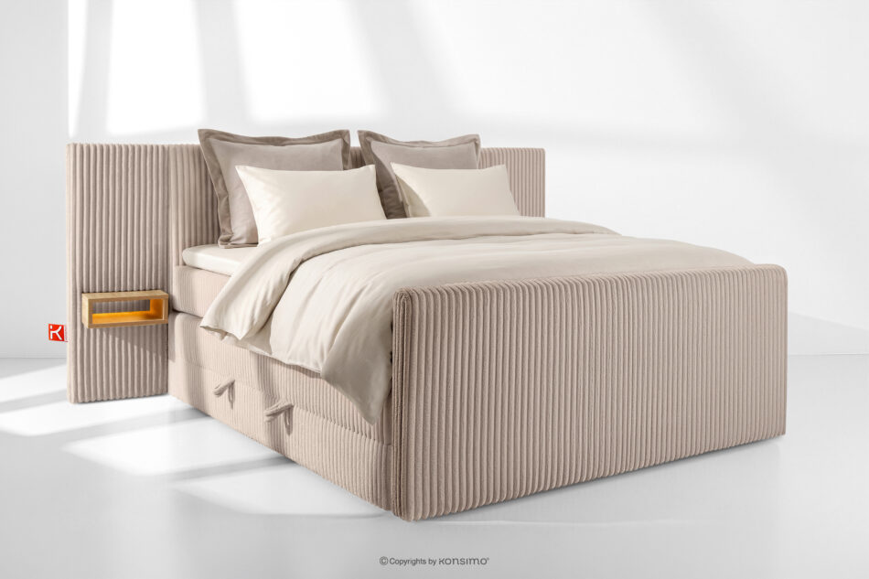LILIUM PRO Łóżko kontynentalne z szafkami nocnymi LED twarde 180 cm podwójny materac + topper Visco tkanina sztruks taupe taupe - zdjęcie 1