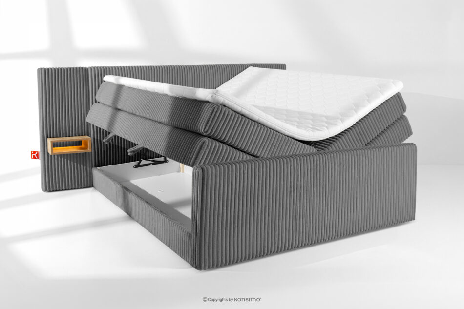 LILIUM PRO Łóżko kontynentalne z szafkami nocnymi LED średniotwarde 200 cm podwójny materac + topper HR tkanina sztruks szary szary - zdjęcie 8