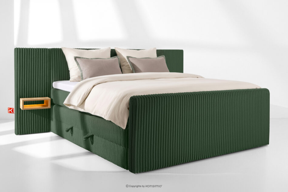 LILIUM PRO Łóżko kontynentalne z szafkami nocnymi LED średniotwarde 200 cm podwójny materac + topper HR tkanina sztruks ciemny zielony ciemny zielony - zdjęcie 1