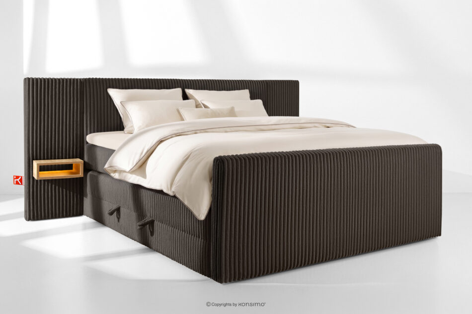 LILIUM PRO Łóżko kontynentalne z szafkami nocnymi LED średniotwarde 200 cm podwójny materac + topper HR tkanina sztruks ciemny brązowy ciemny brązowy - zdjęcie 1