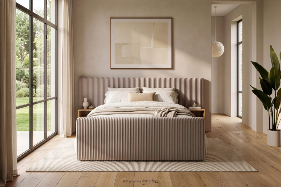 LILIUM PRO Łóżko kontynentalne z szafkami nocnymi LED średniotwarde 200 cm podwójny materac + topper HR tkanina sztruks taupe taupe - zdjęcie 23