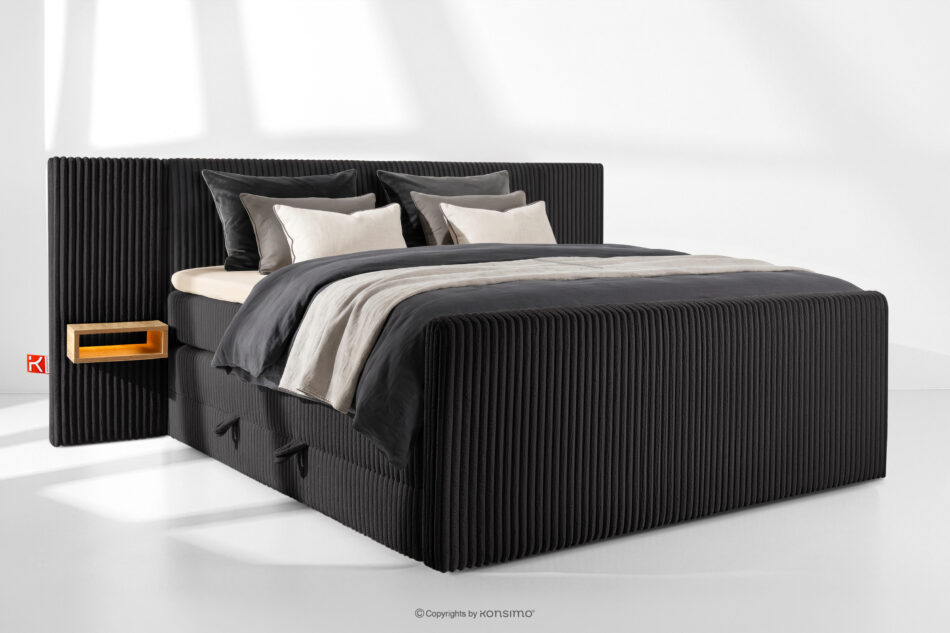 LILIUM PRO Łóżko kontynentalne z szafkami nocnymi LED średniotwarde 200 cm podwójny materac + topper Visco tkanina sztruks czarny czarny - zdjęcie 1