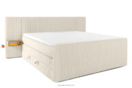 Łóżko kontynentalne z szafkami nocnymi LED średniotwarde 200 cm podwójny materac + topper Visco tkanina sztruks biały/ecru