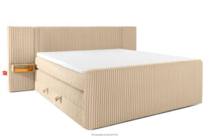 LILIUM PRO, https://konsimo.pl/kolekcja/lilium-pro/ Łóżko kontynentalne z szafkami nocnymi LED średniotwarde 200 cm podwójny materac + topper Visco tkanina sztruks piaskowy piaskowy - zdjęcie