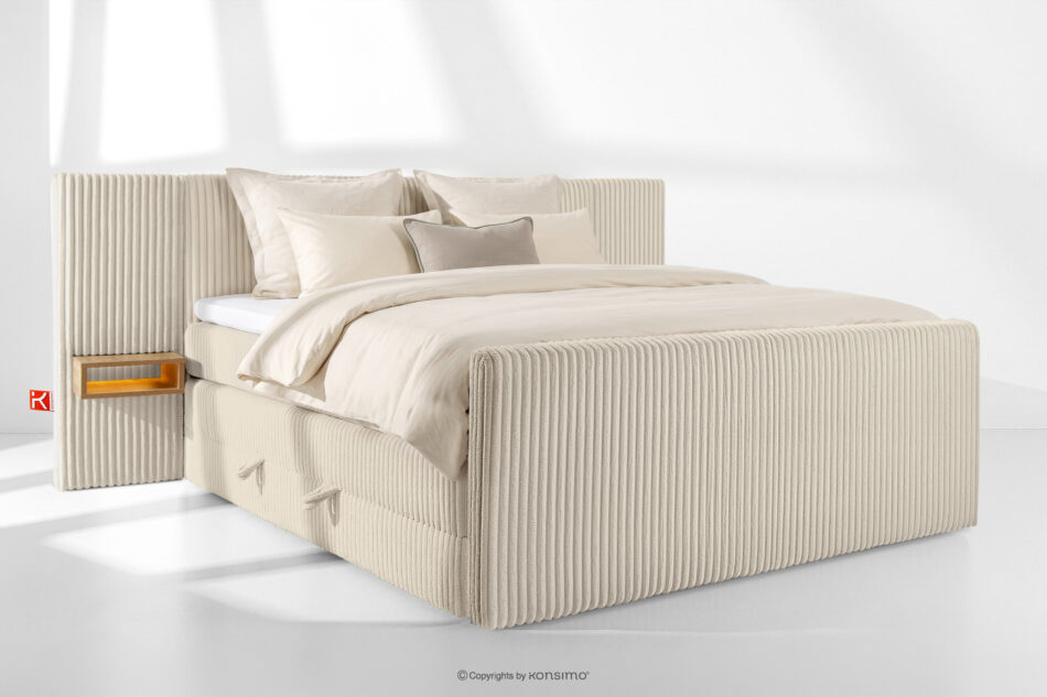 LILIUM PRO Łóżko kontynentalne z szafkami nocnymi LED średniotwarde 200 cm podwójny materac + topper Visco tkanina sztruks beżowy beżowy - zdjęcie 1