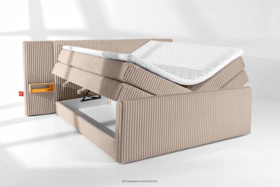 LILIUM PRO Łóżko kontynentalne z szafkami nocnymi LED średniotwarde 200 cm podwójny materac + topper Visco tkanina sztruks taupe taupe - zdjęcie 8