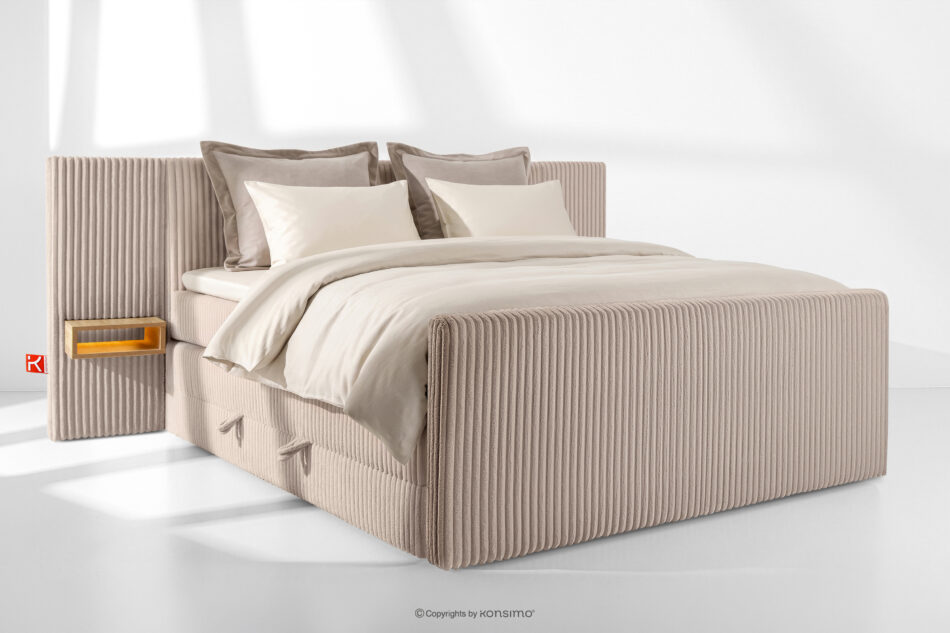 LILIUM PRO Łóżko kontynentalne z szafkami nocnymi LED średniotwarde 200 cm podwójny materac + topper Visco tkanina sztruks taupe taupe - zdjęcie 1