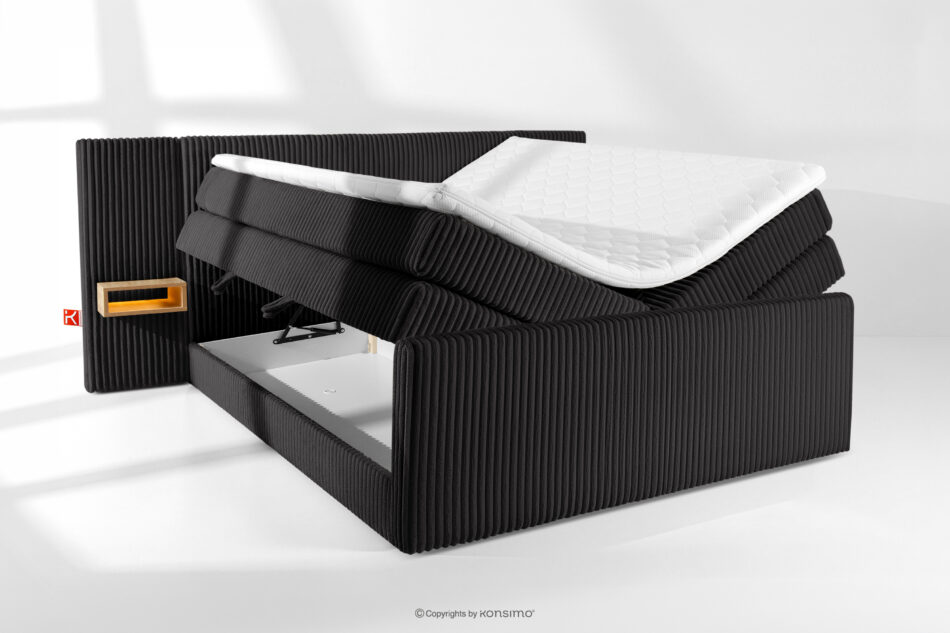 LILIUM PRO Łóżko kontynentalne z szafkami nocnymi LED twarde 200 cm podwójny materac + topper HR tkanina sztruks czarny czarny - zdjęcie 8