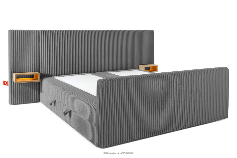 LILIUM PRO Łóżko kontynentalne z szafkami nocnymi LED twarde 200 cm podwójny materac + topper HR tkanina sztruks szary szary - zdjęcie 4