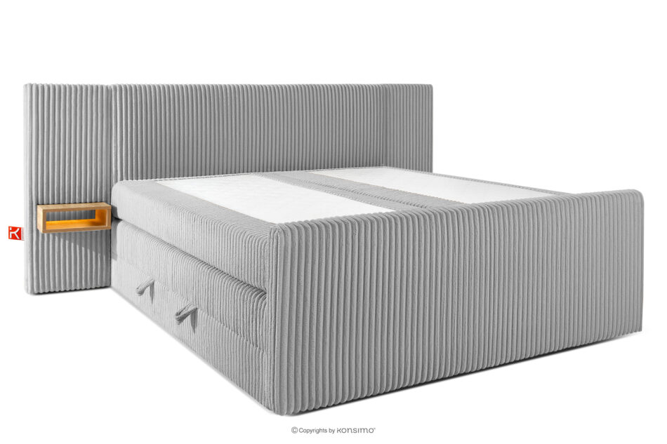 LILIUM PRO Łóżko kontynentalne z szafkami nocnymi LED twarde 200 cm podwójny materac + topper HR tkanina sztruks jasny szary jasny szary - zdjęcie 3