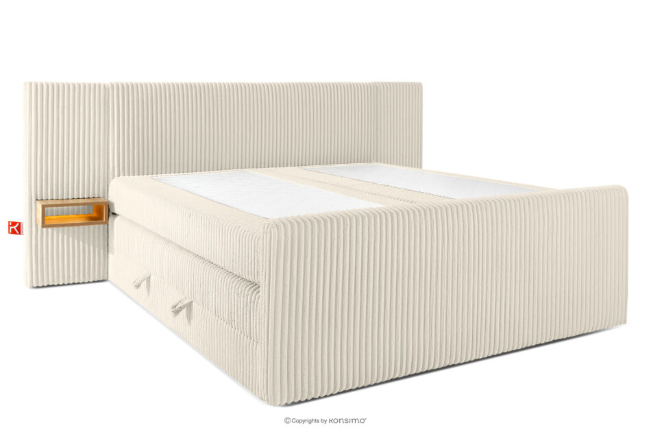 LILIUM PRO Łóżko kontynentalne z szafkami nocnymi LED twarde 200 cm podwójny materac + topper HR tkanina sztruks biały/ecru biały/ecru - zdjęcie 3