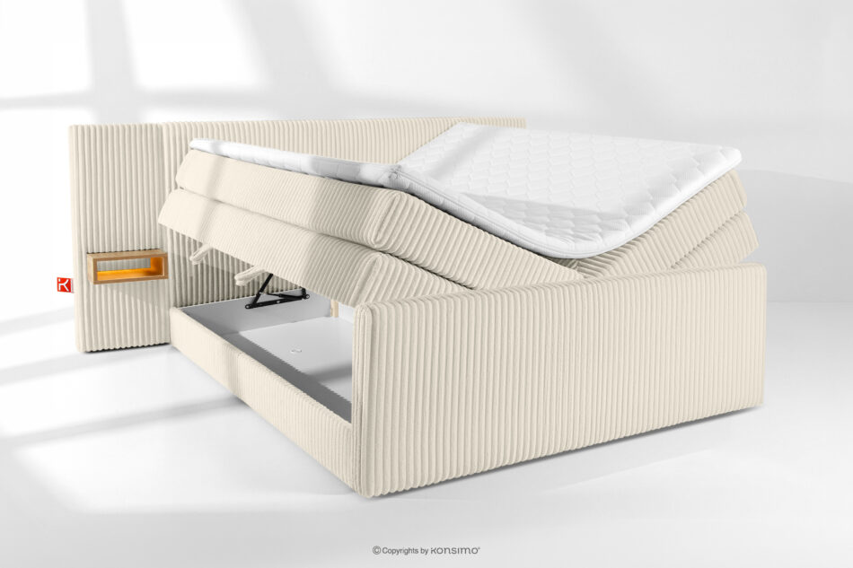 LILIUM PRO Łóżko kontynentalne z szafkami nocnymi LED twarde 200 cm podwójny materac + topper HR tkanina sztruks biały/ecru biały/ecru - zdjęcie 8
