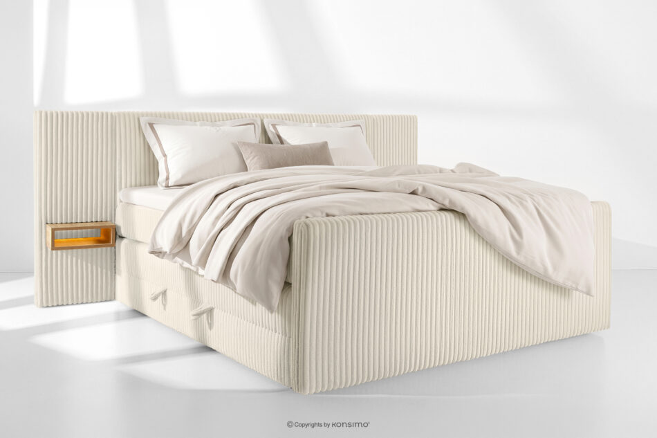 LILIUM PRO Łóżko kontynentalne z szafkami nocnymi LED twarde 200 cm podwójny materac + topper HR tkanina sztruks biały/ecru biały/ecru - zdjęcie 1