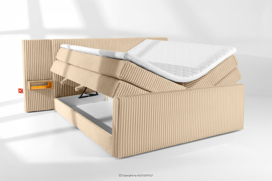 LILIUM PRO Łóżko kontynentalne z szafkami nocnymi LED twarde 200 cm podwójny materac + topper HR tkanina sztruks piaskowy piaskowy - zdjęcie 8