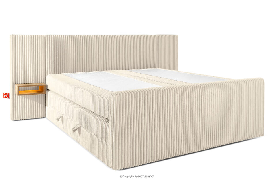 LILIUM PRO Łóżko kontynentalne z szafkami nocnymi LED twarde 200 cm podwójny materac + topper HR tkanina sztruks beżowy beżowy - zdjęcie 3