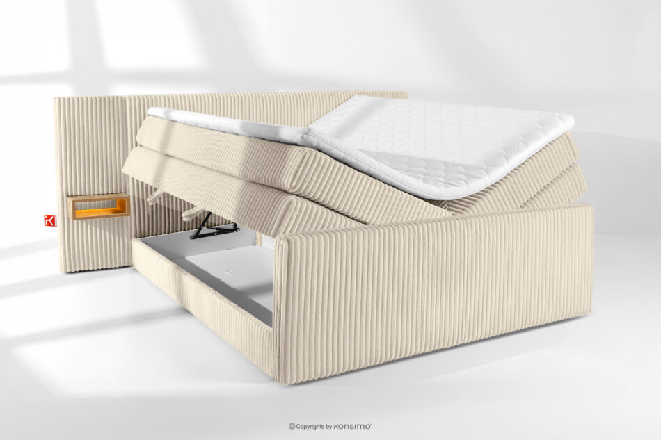 LILIUM PRO Łóżko kontynentalne z szafkami nocnymi LED twarde 200 cm podwójny materac + topper HR tkanina sztruks beżowy beżowy - zdjęcie 8