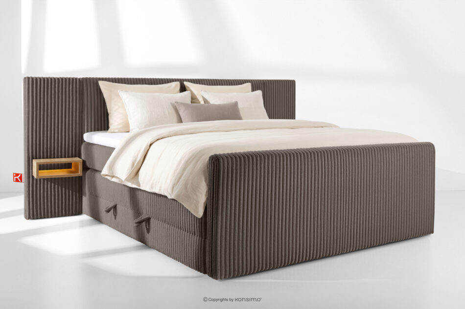 LILIUM PRO Łóżko kontynentalne z szafkami nocnymi LED twarde 200 cm podwójny materac + topper HR tkanina sztruks brązowy brązowy - zdjęcie 1