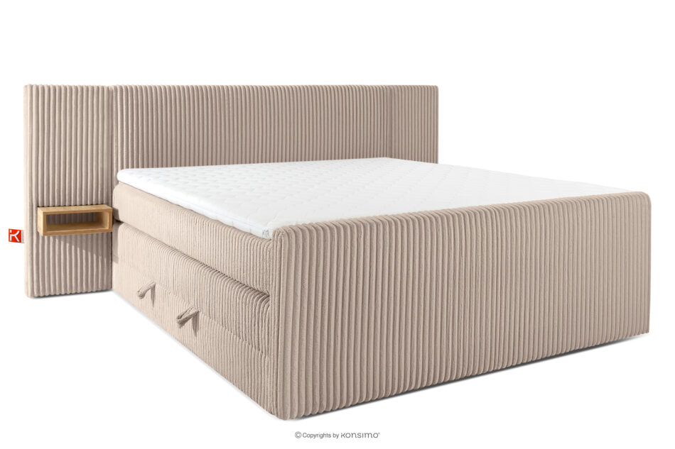 LILIUM PRO Łóżko kontynentalne z szafkami nocnymi LED twarde 200 cm podwójny materac + topper HR tkanina sztruks taupe taupe - zdjęcie 2