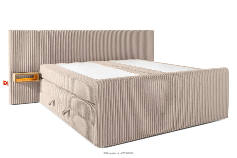 LILIUM PRO Łóżko kontynentalne z szafkami nocnymi LED twarde 200 cm podwójny materac + topper HR tkanina sztruks taupe taupe - zdjęcie 3