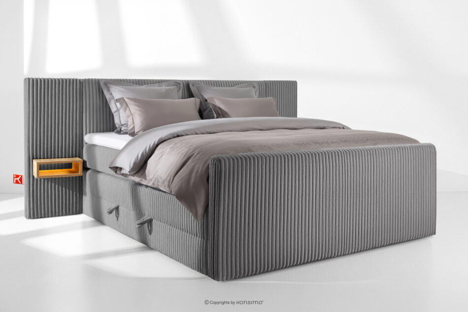 LILIUM PRO Łóżko kontynentalne z szafkami nocnymi LED twarde 200 cm podwójny materac + topper Visco tkanina sztruks szary szary - zdjęcie 1