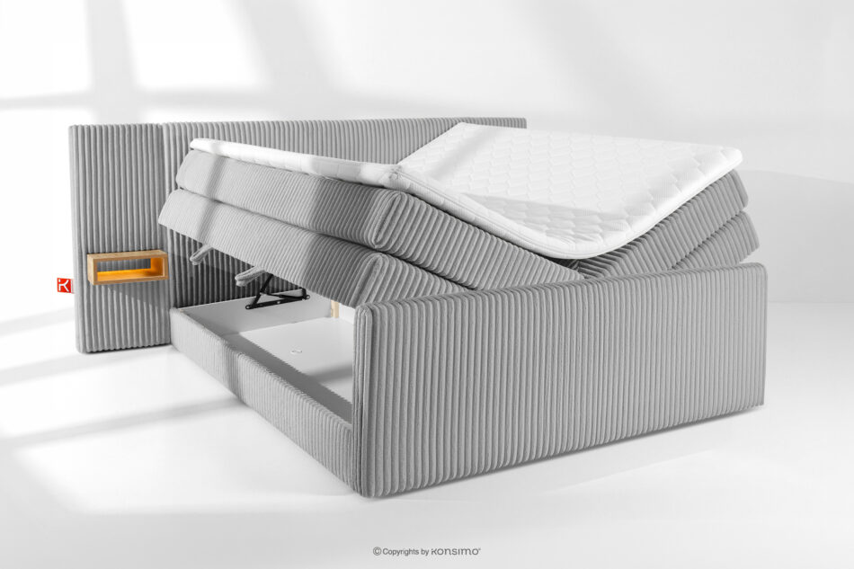 LILIUM PRO Łóżko kontynentalne z szafkami nocnymi LED twarde 200 cm podwójny materac + topper Visco tkanina sztruks jasny szary jasny szary - zdjęcie 8