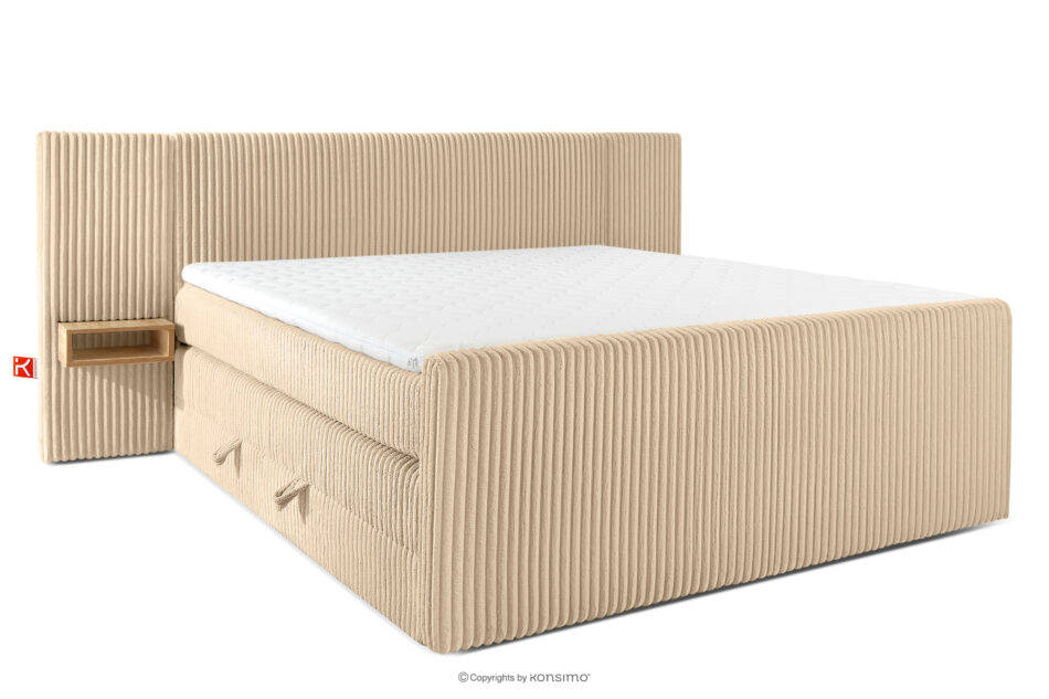 LILIUM PRO Łóżko kontynentalne z szafkami nocnymi LED twarde 200 cm podwójny materac + topper Visco tkanina sztruks piaskowy piaskowy - zdjęcie 2