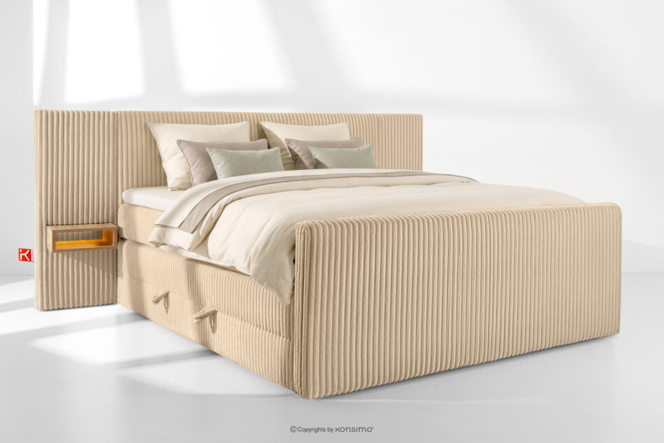 LILIUM PRO Łóżko kontynentalne z szafkami nocnymi LED twarde 200 cm podwójny materac + topper Visco tkanina sztruks piaskowy piaskowy - zdjęcie 1