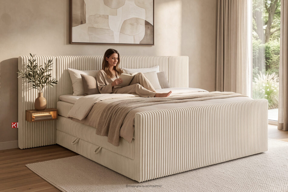 LILIUM PRO Łóżko kontynentalne z szafkami nocnymi LED twarde 200 cm podwójny materac + topper Visco tkanina sztruks beżowy beżowy - zdjęcie 22