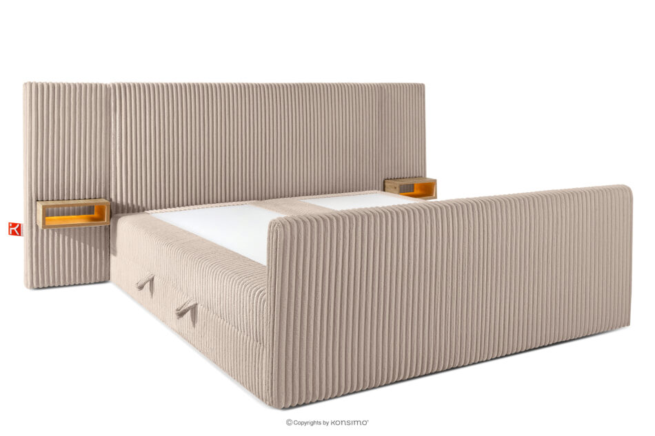 LILIUM PRO Łóżko kontynentalne z szafkami nocnymi LED twarde 200 cm podwójny materac + topper Visco tkanina sztruks taupe taupe - zdjęcie 4