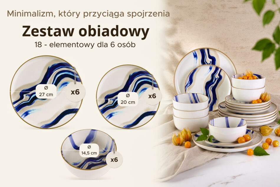 DALLI Zestaw obiadowy w stylu skandynawskim 6 os. (18 el.) niebieski/beżowy/oliwkowy niebieski/beżowy/oliwkowy - zdjęcie 8
