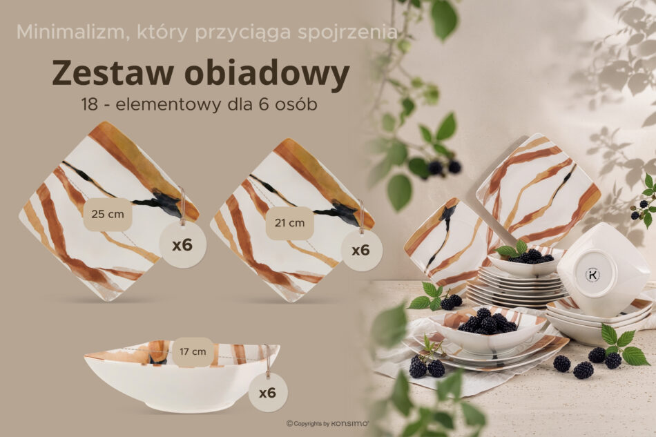 RONARI Zestaw obiadowy kwadratowy styl boho 6 os. (18 el.) brązowy/beżowy/granatowy brązowy/beżowy/granatowy - zdjęcie 8
