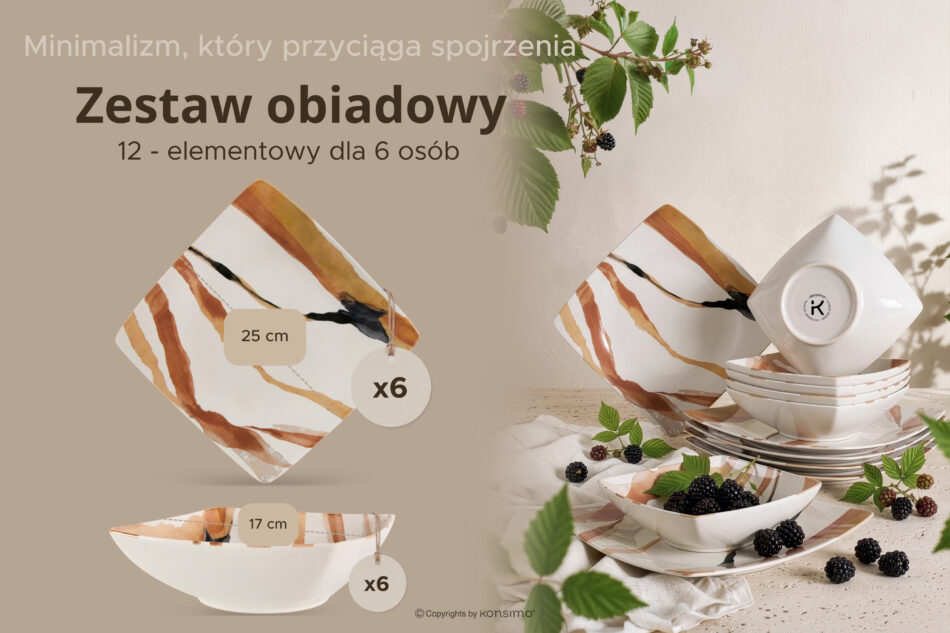 RONARI Zestaw obiadowy kwadratowy styl boho 6 os. (12 el.) brązowy/beżowy/granatowy brązowy/beżowy/granatowy - zdjęcie 7
