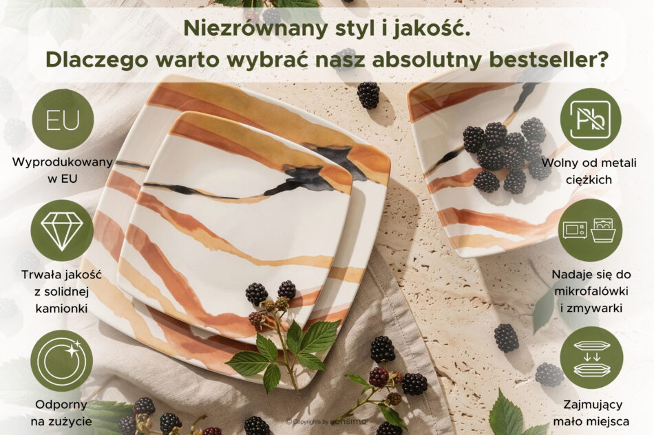 RONARI Zestaw obiadowy kwadratowy styl boho 6 os. (12 el.) brązowy/beżowy/granatowy brązowy/beżowy/granatowy - zdjęcie 13